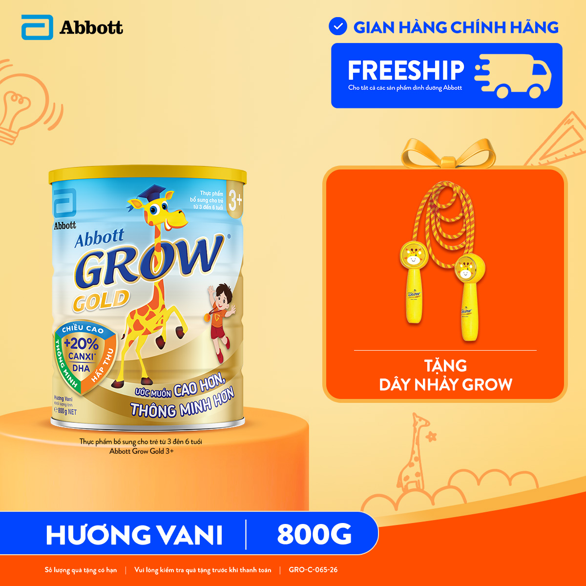 [Tặng dây nhảy Grow] Abbott Grow Gold 3+ 800g