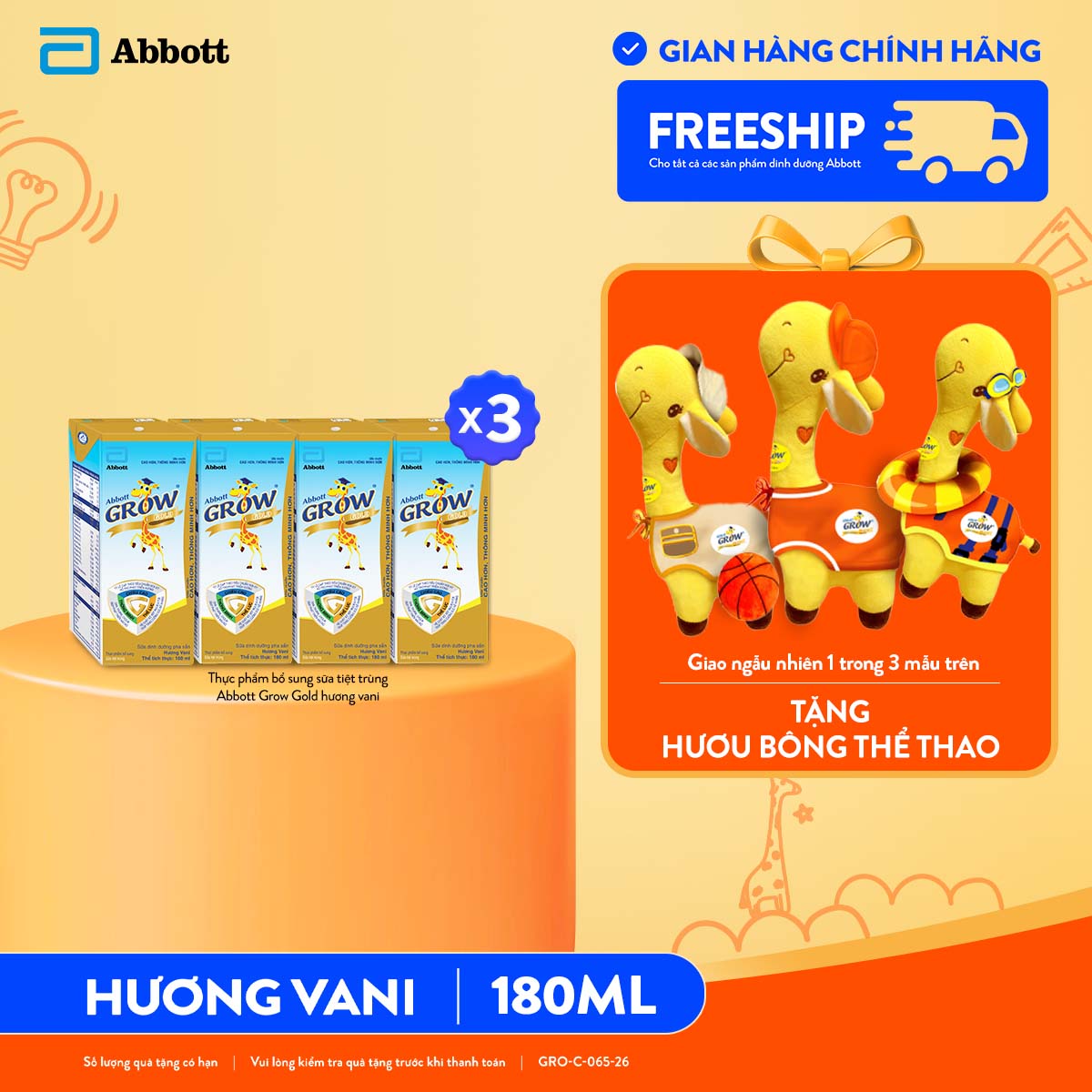 [Tặng hươu bông  thể thao] 3 lốc Abbott Grow Gold 180ml
