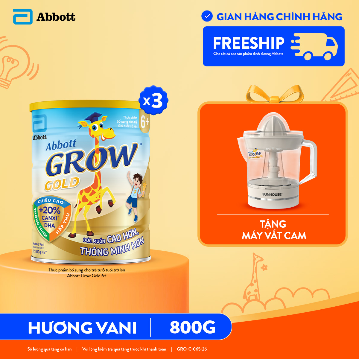 [Tặng máy vắt cam] Combo 3 lon Abbott Grow Gold 6+ 800g