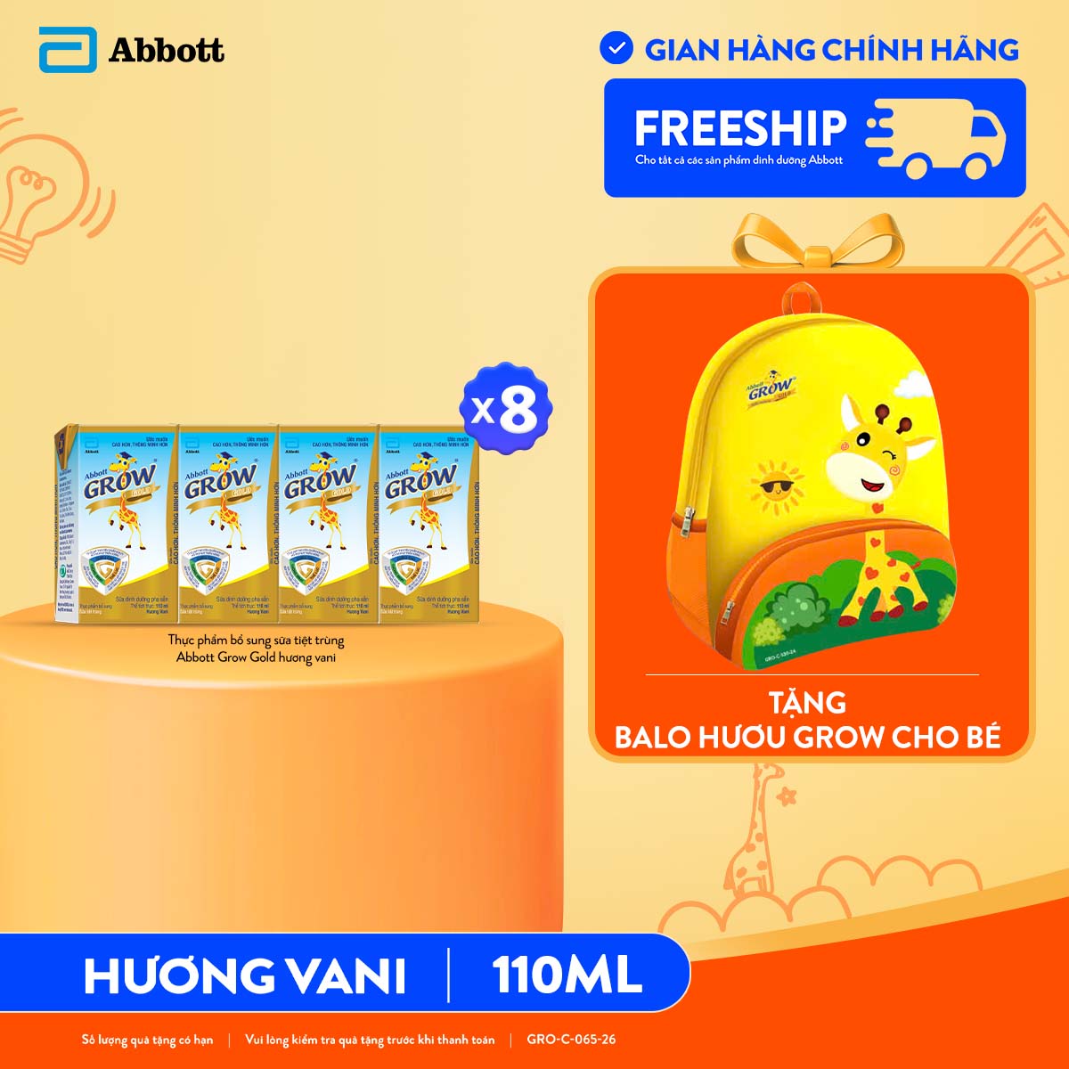 [Tặng balo hươu] 8 lốc Abbott Grow Gold 110ml