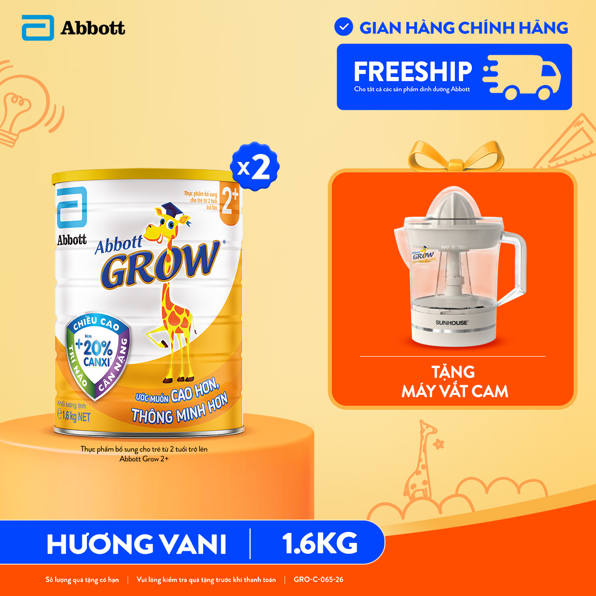 [Tặng máy vắt cam] Combo 2 lon Abbott Grow 2+ 1.6kg