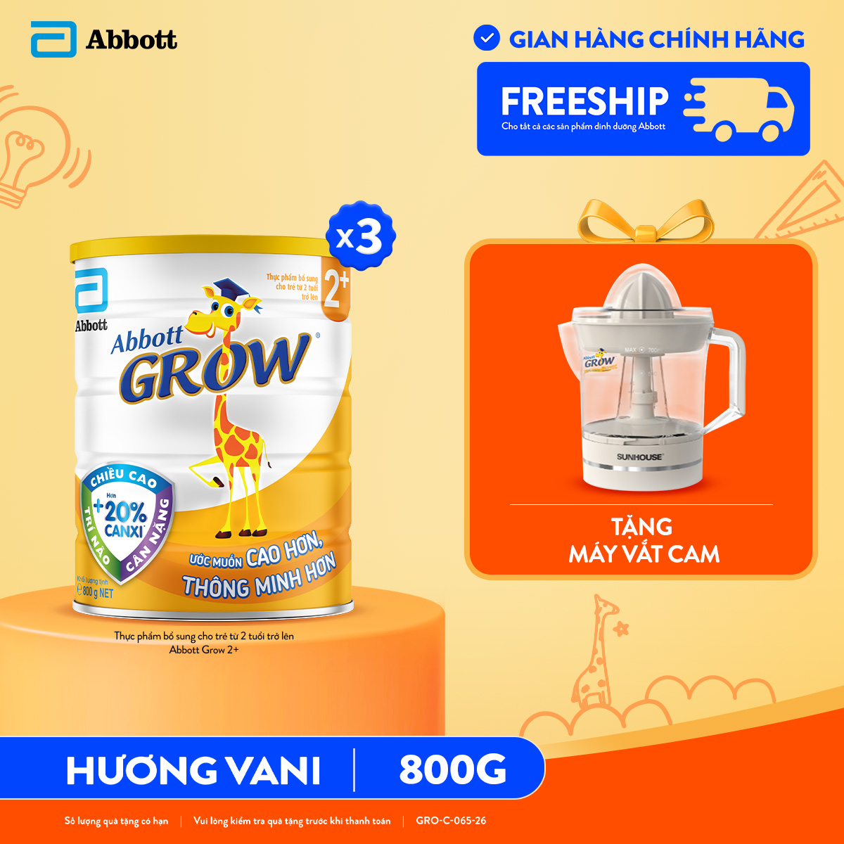 [Tặng máy vắt cam] Combo 3 Lon Abbott Grow 2+ 800g