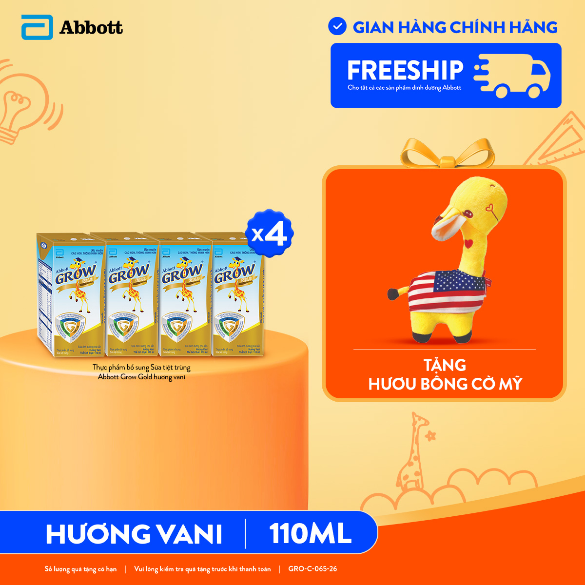 [Tặng hươu bông cờ Mỹ] 4 lốc Abbott Grow Gold 110ml